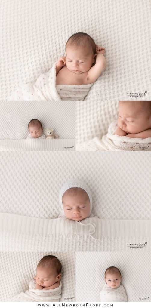 Newborn photography props boy wrap hat teddy bear beanbag posing fabric white neutral UK