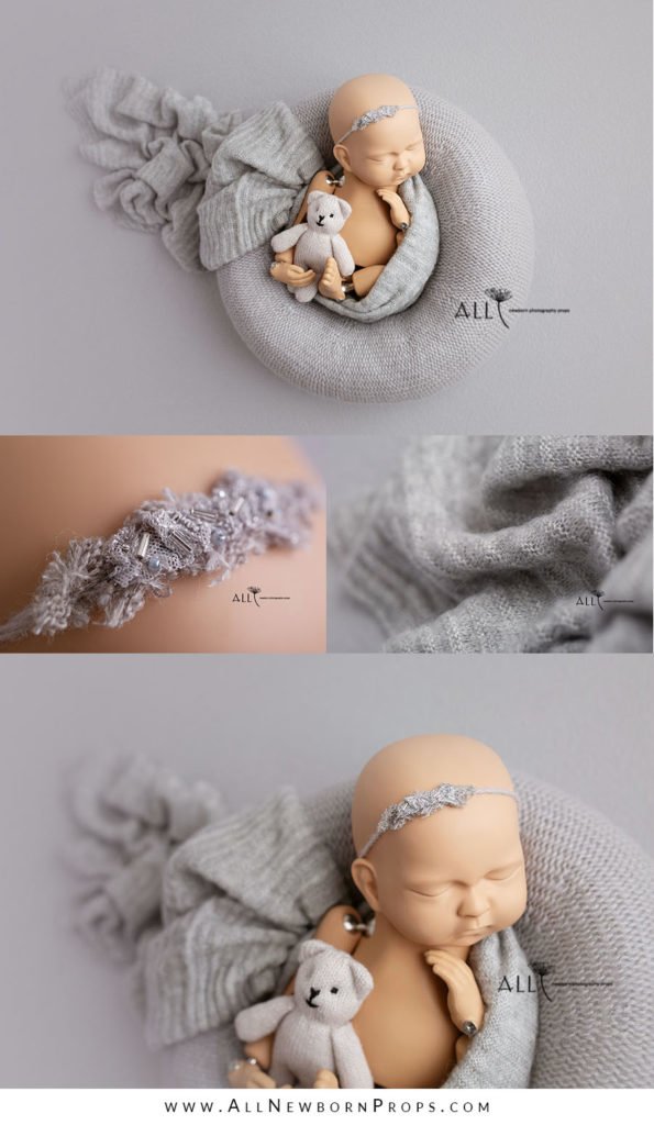 Newborn photo props set girl textured grey poser wrap headband toy the perfect posie usa