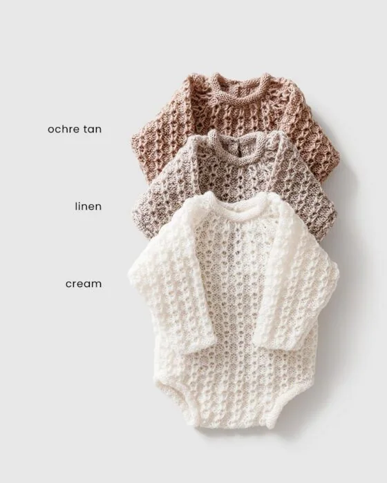 Flat lay of Yona rompers in cre, blush, and clay – available colours