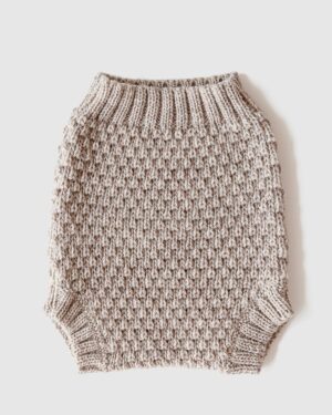 Front view of linen newborn baby bloomers Luther, laid flat to show classic shape and style.